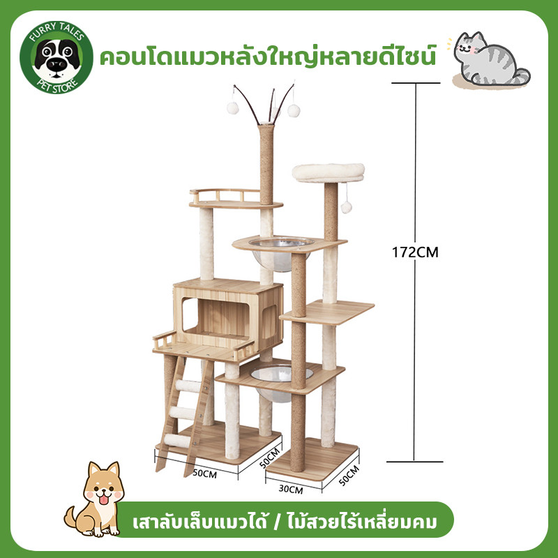 คอนโดแมว คอนโดไม้ โครงปีนแมว บ้านแมว ที่นอนแมว เสาลับเล็บแมวได้ ไม้สวยไร้เหลี่ยมคม