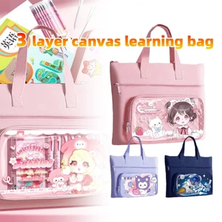กระเป๋าผ้าใบนักเรียน 3ชั้น กันน้ำได้ แบบถือหิ้วใส่ของ โท้ทการ์ตูน สำหรับเด็กประถม เก็บเอกสาร