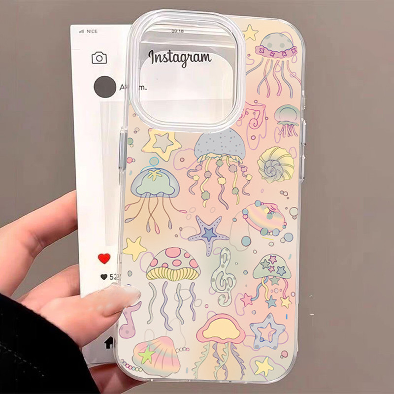 สีลูกกวาดเคสโทรศัพท์สําหรับ iphone 11 12 13 14 15 16 Pro Max 16e XR X XS 7 8 Plus ฤดูร้อน Vibe แมงกะพรุนสีชมพูพิมพ์ปก