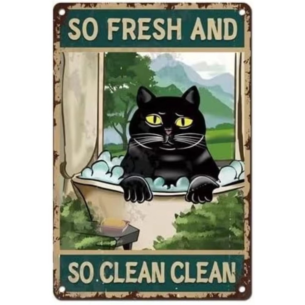 2D แมวตลกห้องน้ําป้ายดีบุกโลหะ - So Fresh So Clean Wall Art สําหรับห้องน้ําห้องนั่งเล่น Office Cat L