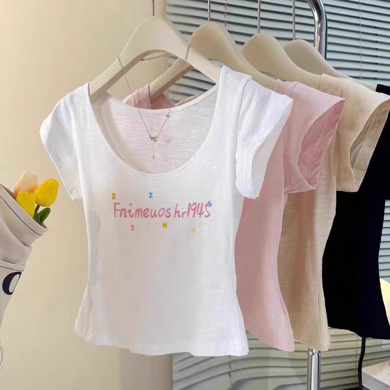 เสื้อยืดผ้าฝ้ายลายพิมพ์แบบ Slub สไตล์เกาหลี สำหรับฤดูร้อน ไหล่โถ่ง แขนสั้น U-neck ทรงเพรียว