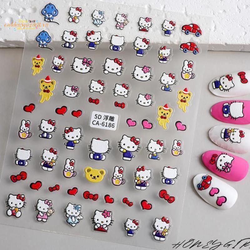 GoldenS สติ๊กเกอร์ติดเล็บ 5D การ์ตูน HelloKitty Bow Nail Art Decals Y2K Holiday Style Nails Slider V
