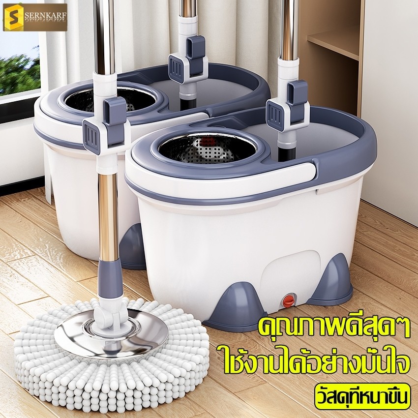 ชุดไม้ถูพื้นพร้อมถังปั่น ไม้ม็อบดันฝุ่น ถังปั่นเดี่ยว ตัวถัง 4 ล้อ มีหูหิ้ว อุปกรณ์ไม้ถูพื้น ใช้งานสะดวก