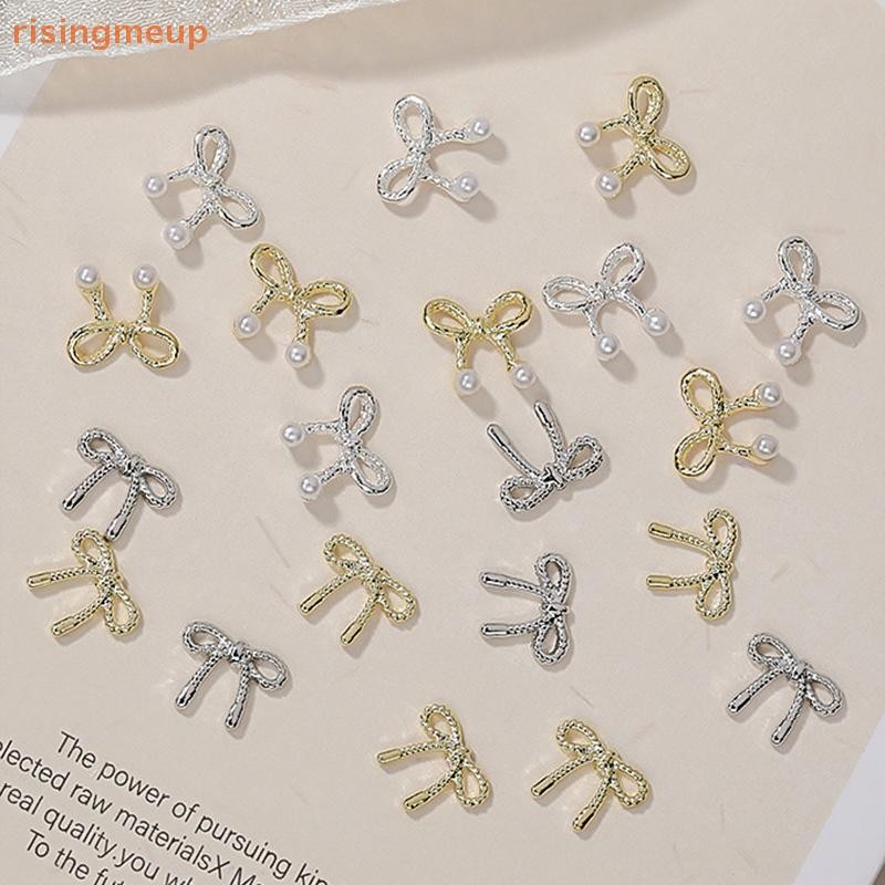 [risingmeup] 10PCS 3D Silver Gold Bowknot Shaped Nail Charms โลหะเล็บ Rhinestones แต่งเล็บเครื่องประดับสําหรับ DIY อุปกรณ์ทําเล็บ Salon ใหม่