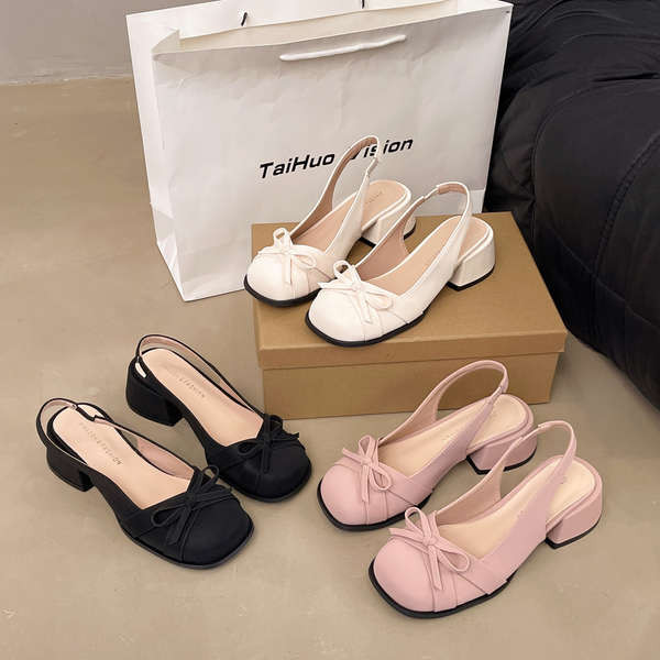 minxshoes Stella Marijane รองเท้าส้นสูงหัวเหลี่ยมโบว์สีชมพูสไตล์ฝรั่งเศสรองเท้าผู้หญิงแมรี่เจนส้นกลา