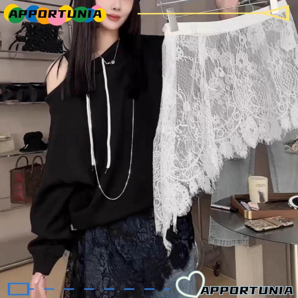กระโปรงลูกไม้ APPORTUNIA ดีไซน์เอวสูงผูกเชือก สไตล์.streetwear สำหรับสวมทับกางเกงยีนส์