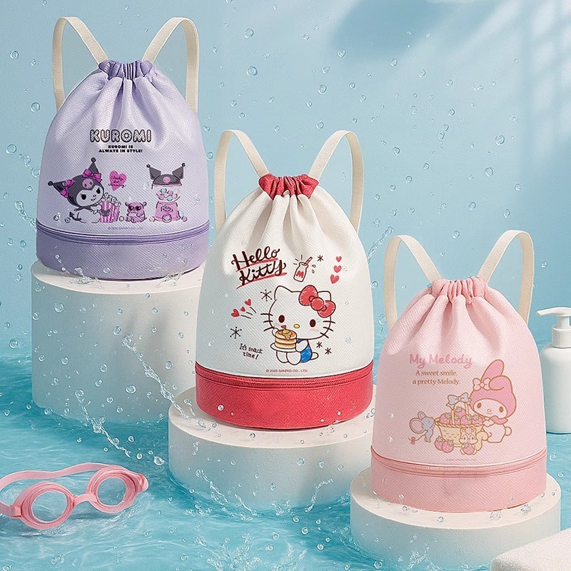 กระเป๋าเป้กันน้ำ Hello Kitty & Kuromi & My Melody สำหรับว่ายน้ำและชายหาด ออกแบบใหม่น่ารักสำหรับการใช้งานทั้งแห้งและเปียก