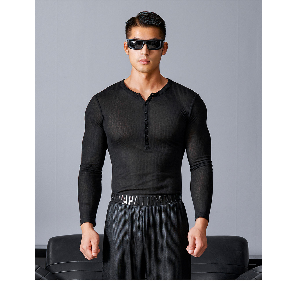 เสื้อมะเขือเทศปาป้า แขนยาวสีดำโปร่งแสงเบาๆ ลายเซ็กซี่ พอดีตัวสำหรับสวมใส่ออกกำลังกาย