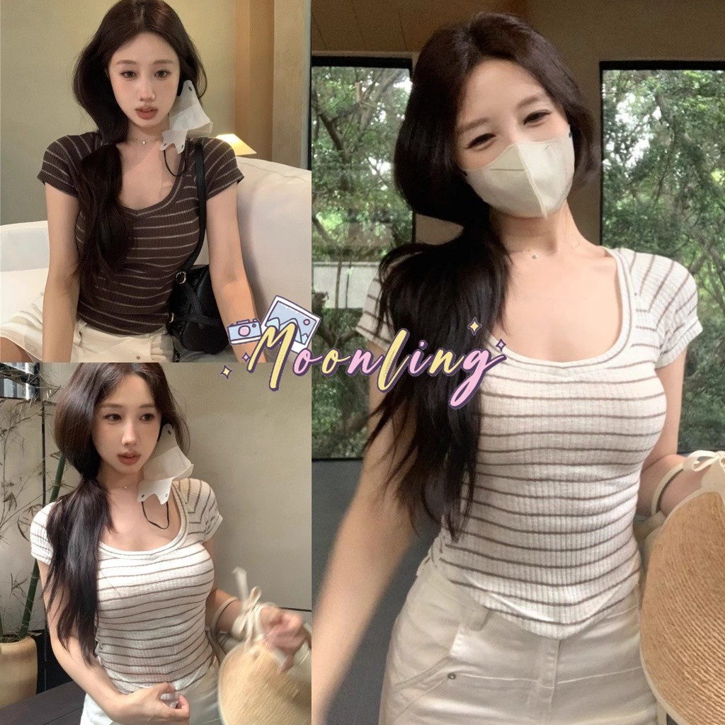 🌜Moonling🌛พร้อมส่งจากไทย เสื้อยืดครอปสั้น คอกลม ดีเทลลายทาง ยืดกำลังดี รัดตัว ลำลอง *95175*