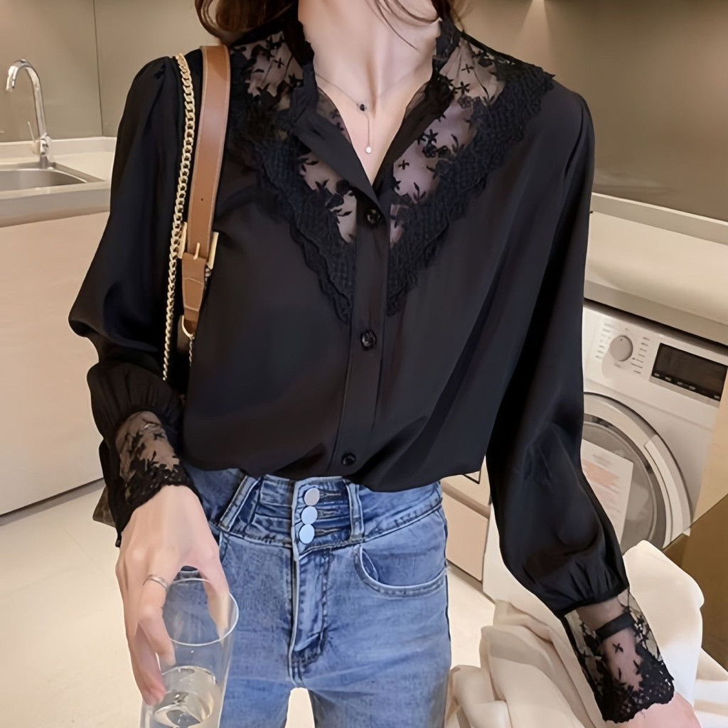 ฝรั่งเศสฤดูใบไม้ผลิฤดูใบไม้ร่วงสไตล์ใหม่ลูกไม้เย็บเสื้อคอวีแขนยาวแฟชั่นอารมณ์ที่เรียบง่ายสบายๆทุกการแข่งขันตะวันตก