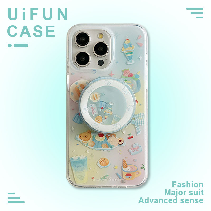 INS Slippable เค้กไอศกรีม Bowknot Holder Stand ไร้สายชาร์จเคสโทรศัพท์สําหรับ iPhone 17 16 15 14 Pro Max 13 iPhone17 ป้องกันฝุ่น IMD Magnetic Mobile Shell