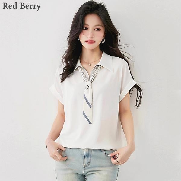 Red Berryเสื้อเชิ้ตแฟชั่นฤดูร้อนผู้หญิง 2025 เสื้อเชิ้ตแขนสั้นเรียบง่ายแบบใหม่99159