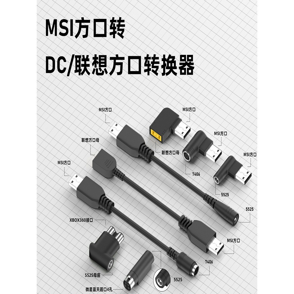 เหมาะสําหรับ MSI MSI อะแดปเตอร์แปลงไฟคอมพิวเตอร์ MSI ปากสี่เหลี่ยมท้องฟ้าสีน้ําเงินปากกลม 4 รูสายชาร