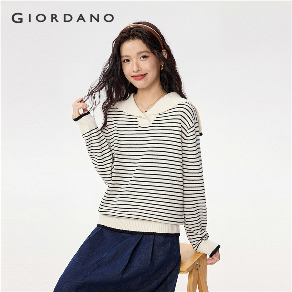 GIORDANO WOMEN Sailor collar contrasting stripe sweater 05355707