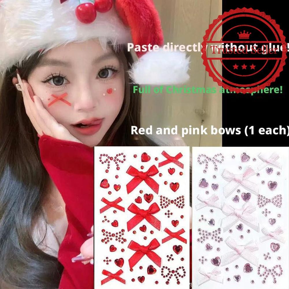 2025 คริสต์มาสปีใหม่ 3d เงาสติกเกอร์ตกแต่ง Diy Body Art ตกแต่งริบบิ้นสีแดงโบว์ B5t5
