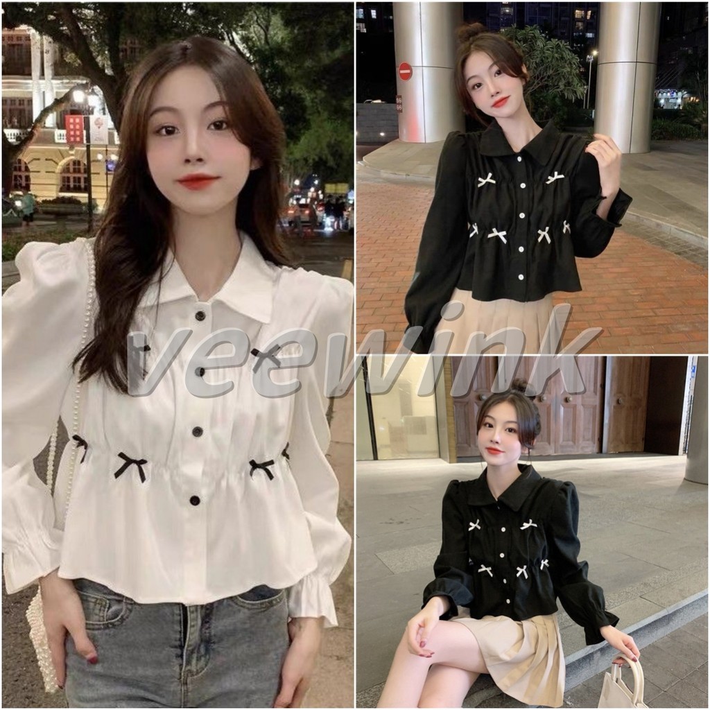 Veewink เสื้อครอป พร้อมส่ง เสื้อครอปแขนยาวเกาหลี ประดับโบว์ ทรงหลวม สไตล์ใหม่