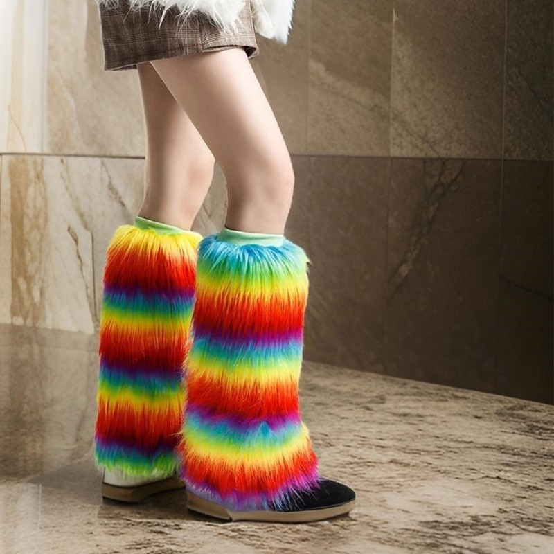 Dal ผู้หญิงความงาม Fuzzy ขาอุ่น Boot Cuffs ญี่ปุ่น Bright Rainbow สีสันลาย Plush Leggings ขายาว S
