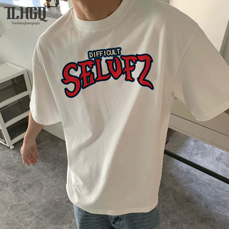 เสื้อยืดแขนสั้นผ้าฝ้ายแท้แบรนด์อินเทรนด์สําหรับผู้ชายคอกลมพิมพ์เสื้อยืดแฟชั่น