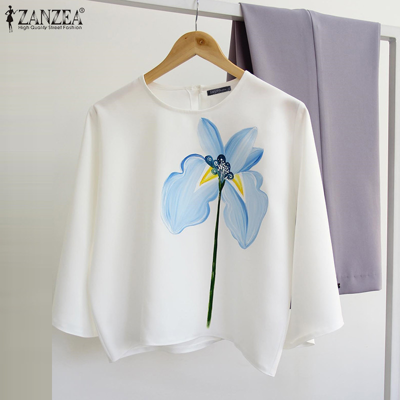 ZANZEA ซานเซีย ผู้หญิงรอบคอหลวมดอกไม้พิมพ์ครึ่งแขนเสื้อปุ่มเสื้อ