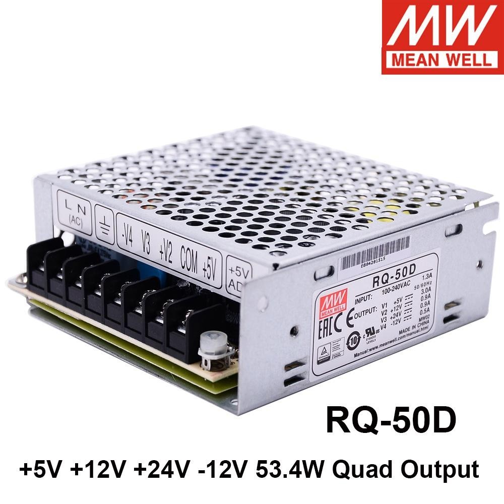 ❆Mean Well RQ-50D 53.4W Quad Output Switching Power Supply 110/220V AC TO DC 5V 12V 24V -12V 3A 0.9A