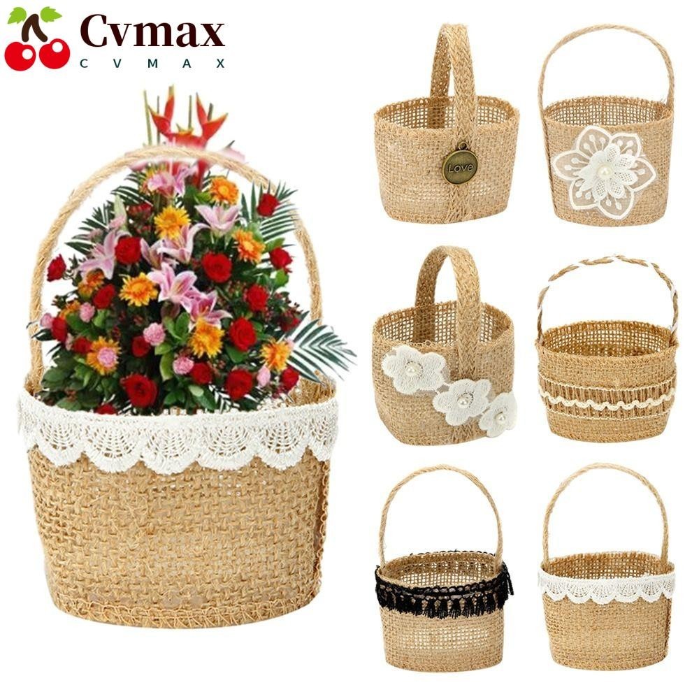 Cvmax 2 ชิ้น Burlap ตะกร้าดอกไม้, ลูกไม้ Bowknot Vintage Rustic ดอกไม้สาวตะกร้า, มีประโยชน์ Retro ผ้าลินิน Handle Candy ของขวัญกระเป๋างานแต่งงานตกแต่ง