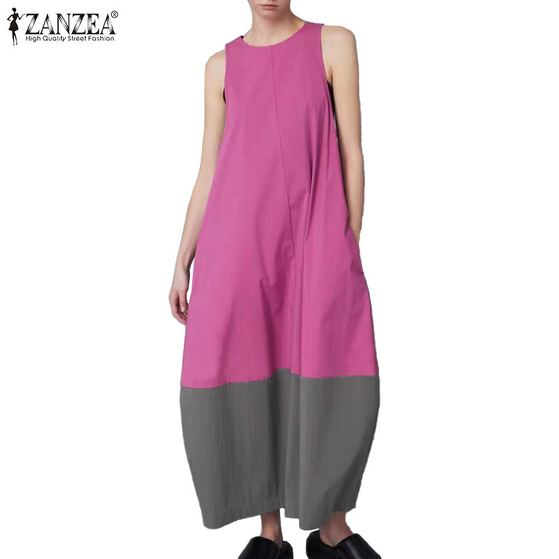 ZANZEA ซานเซีย ผู้หญิงแฟชั่นเกาหลีรอบคอแขนกุดสีเย็บปะติดปะต่อกันชุดยาว
