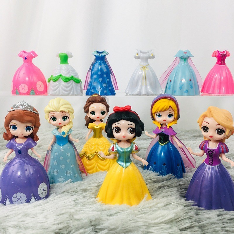 Disney Princess Dress-up Doll set-6 characters CUTE gashapon figures collectible Toys Birthday Gift FOR GIRLS frozen Elsa Anna Tinker Bell Tiana