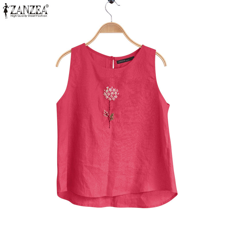 ZANZEA ใส่ ซานเซีย ผู้หญิงเกาหลีสบายๆปุ่มรอบคอสีทึบแขนกุดดอกไม้ปักถัง