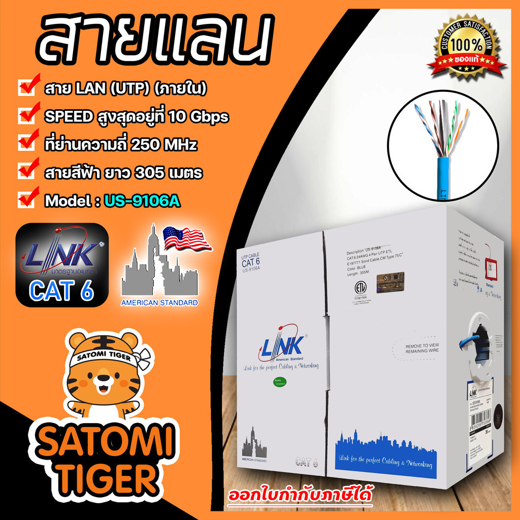 สายแลนภายใน CAT6 #US-9106A สีฟ้า ยาว 305 เมตร UTP (250MHz) w/CROSS FILLER,24AWG,CM, BLUE 305M.