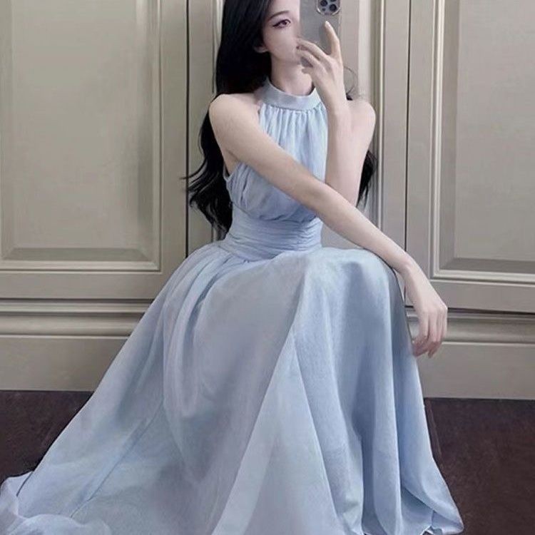 Caila ฝรั่งเศสอ่อนโยนอารมณ์หวาน High-End ชุด Slim-fit แคบเอว Blue Fairy Halterneck ฤดูร้อนสไตล์ใหม่แขนกุดชุดฤดูร้อนชุดยาวชุด Slimmer ดูชุดฤดูร้อน ราคา ถูกที่สุด ดีลบีเคเค รูปภาพหลัก