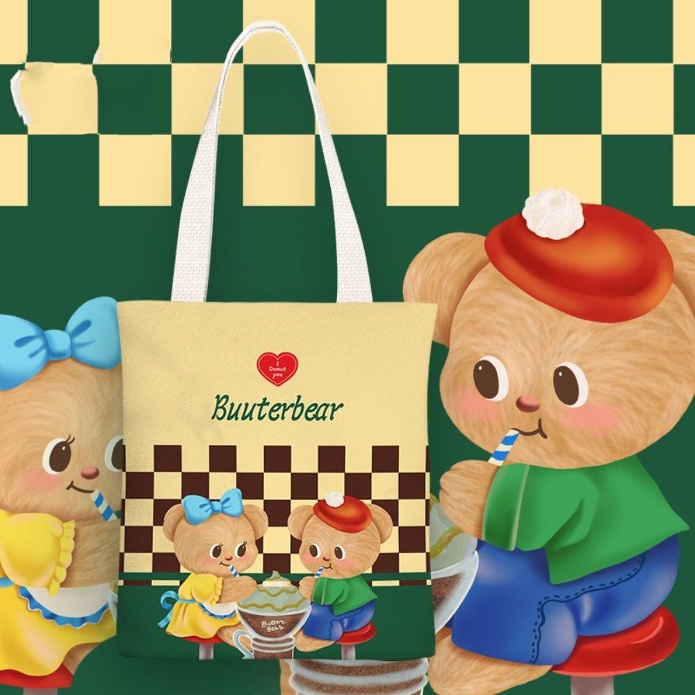 กระเป๋าผ้าแคนวาส REAYA Butter Bear, กระเป๋าสะพายหมีเนยเรียบง่ายการ์ตูน, กระเป๋าโท้ทความจุขนาดใหญ่แบบพกพาผู้หญิง