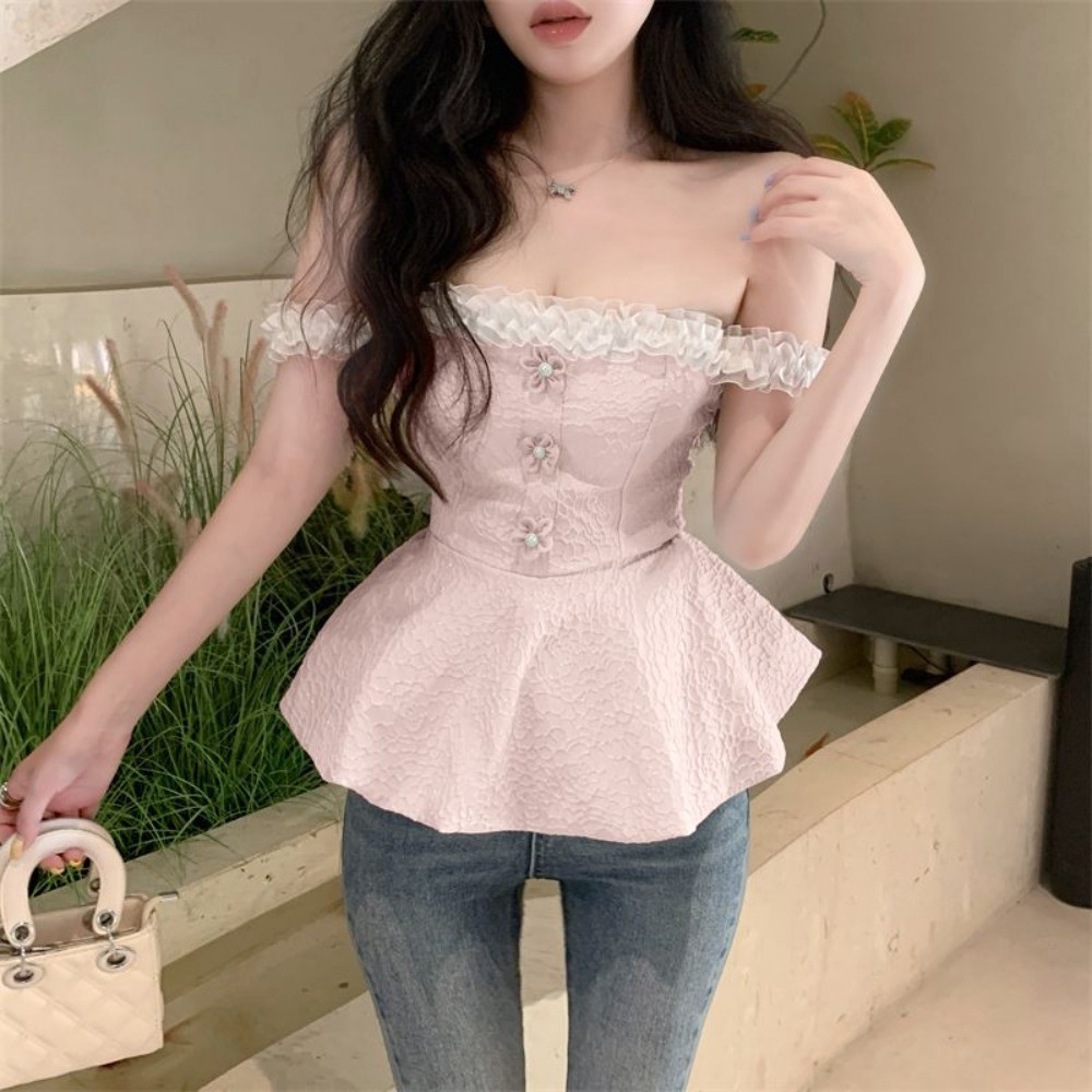 เวอร์ชั่นเกาหลี Niche ประณีตทอเซ็กซี่ไหล่เดียว Camisole ฤดูร้อน Simple All-Match Fluffy Western สไตล์ Slim-Fit