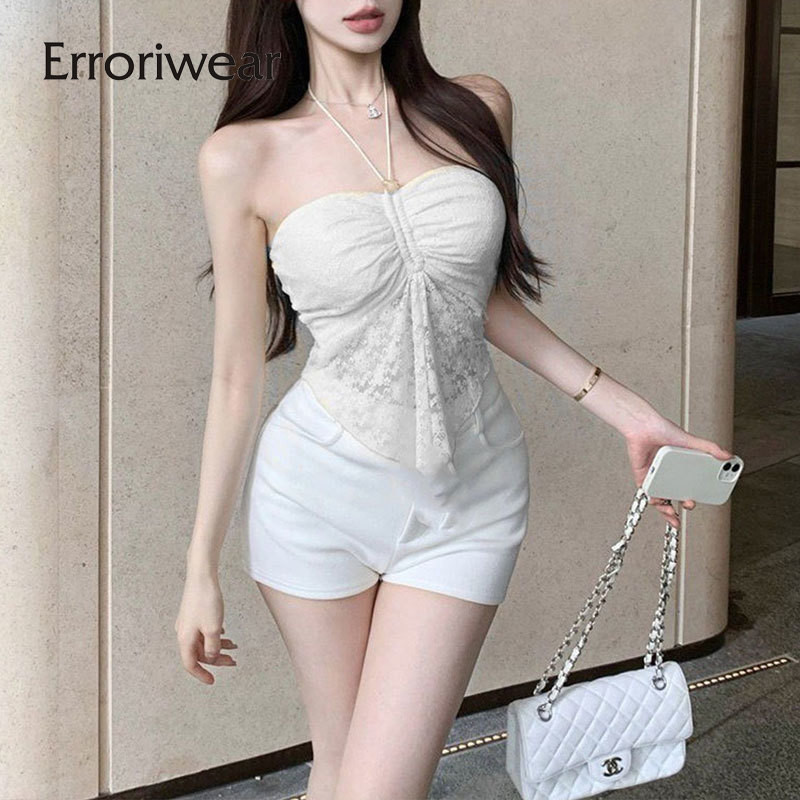 Errriwear ผู้หญิงเสื้อกล้าม 2024 แฟชั่นสีทึบเซ็กซี่ Backless Slim Fit Halter ลูกไม้ Camisole