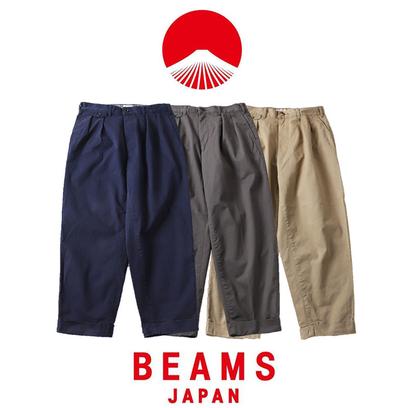 ⭐สไตล์ใหม่ สไตล์ใหม่⭐[คลังสินค้าพร้อม] Beams SSZ 20AW JAPAN ผ้าฝ้ายแท้ญี่ปุ่นหลวมเรียวคู่จีบสตริงสีแ