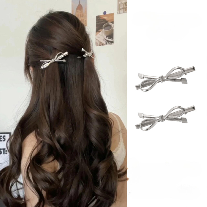 กิ๊บติดผมโลหะโบว์สีเงิน ย2เค เครื่องประดับผมแฟชั่นสําหรับเด็กผู้หญิง
