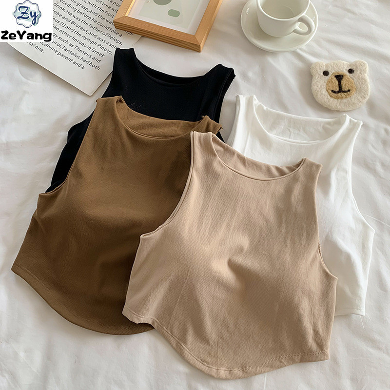 [ZY] 40-60 กก. พร้อมสต็อกไม่สม่ําเสมอ Camisole พร้อมแผ่นอกชุดชั้นในสั้นสีทึบด้านบนสาวร้อน Bottoming 