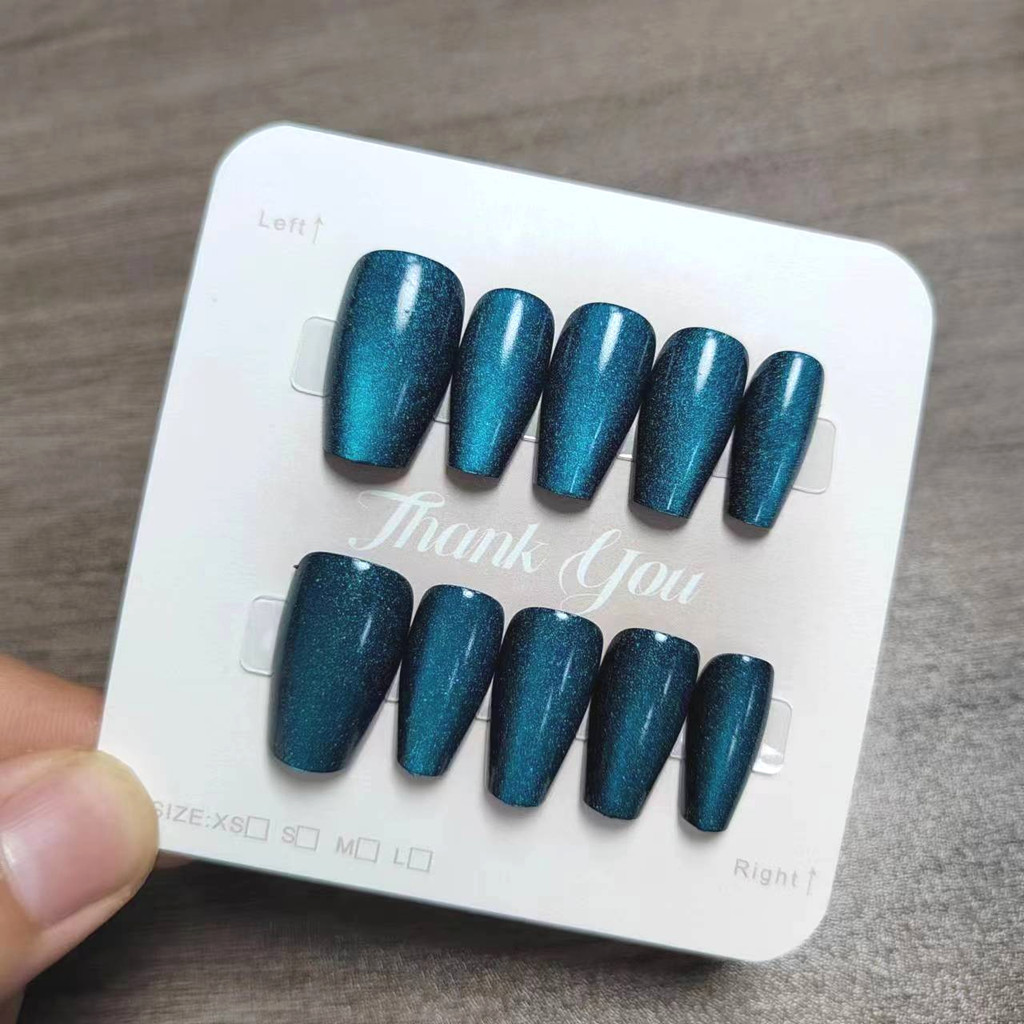 10pcs Cat Eye Handmade กดบนเล็บเล็บปลอมพร้อมสติกเกอร์กาว M069