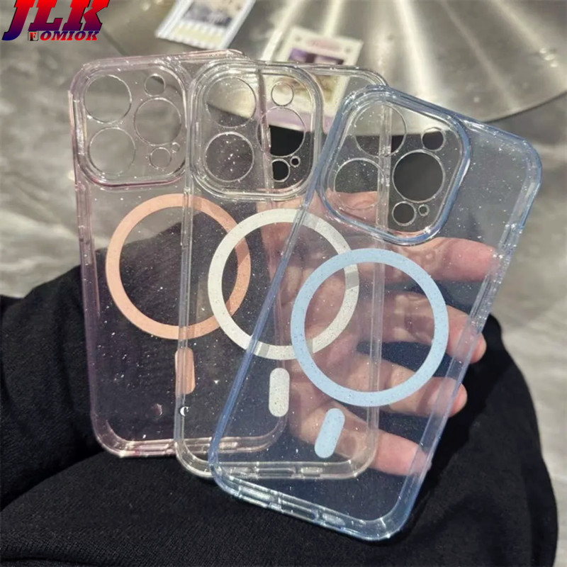 [JLK] Luxury Glitter Magnetic Transparent Phone Case For iPhone 16 13 14 15 Pro Max 15 Plus Clear Bumper Silicone Soft Cover