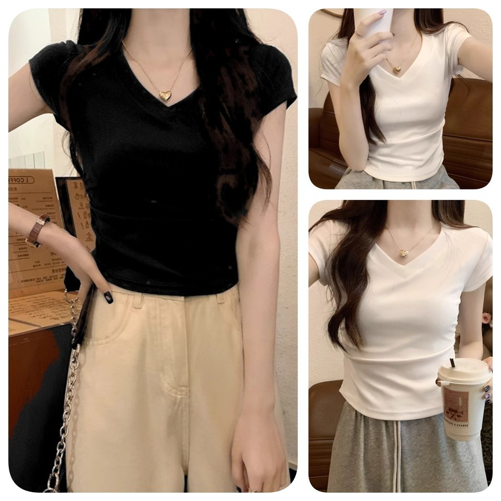 Luna Shop สไตล์อเมริกัน chic ดีไซน์เอวบาง กุ๊นโค้ง แบบสั้น แขนสั้น เสื้อยืด