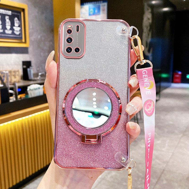 ปลอกสําหรับ Vivo V17 V19 Neo V15 Pro วงกลมกระจกขาตั้งยึดผงแวววาวพร้อมเชือกแขวนยาว Anti Drop เคสโทรศัพท์โปร่งใส