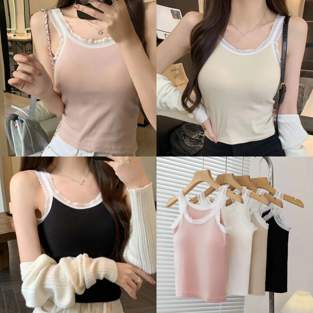 Bonnie ​เสื้อกล้าม หญิง มีฟองน้ำ ขอบระบายสีพาสเทลน่ารัก เสื้อสายเดี่ยว เซ็กซี่ แต่งลูกไม้ ใส่สบาย#FY6069-H