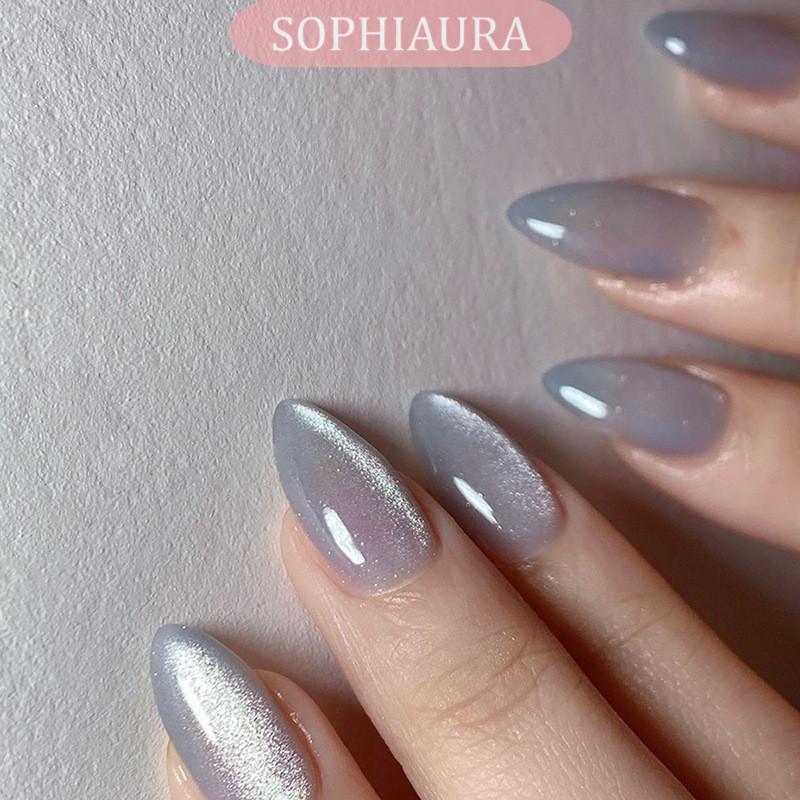 Sophiaura 30 ชิ้นอัลมอนด์สั้น Elegant Cat Eye สีเทาอัลมอนด์นํากลับมาใช้ใหม่ที่ถอดออกได้เล็บปลอมกดบนเล็บเล็บปลอมเล็บ Artdcoration Patch