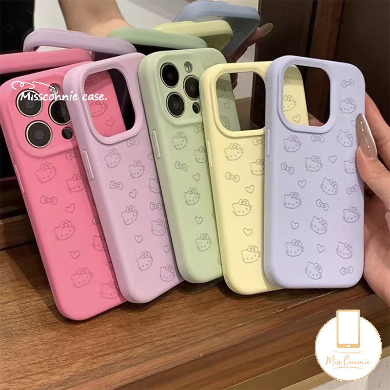 การ์ตูนสีลูกกวาดโบว์hello Kittyกรณีเข้ากันได้สําหรับIPhone 16 15 13 12 14 11 Pro Max XR X XS Max 16 15 14 Plusน่ารักLove Heartหรูหราผิวรู้สึกหนังเนื้อนุ่มกรณี