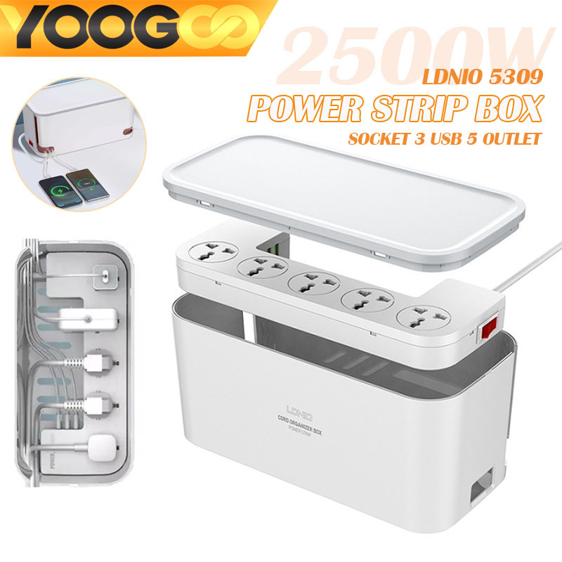 LDNIO ปลั๊กพ่วง ปลั๊กไฟ พร้อมกล่องเก็บ Socket ไฟฟ้าดูด 3 USB 5 outlet 2500W สาย2 เมตร เหมาะสำหรับบ้าน/สำนักงาน