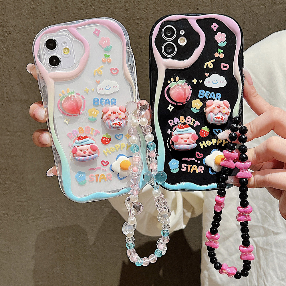 3Dเคสโทรศัพท์แบบนิ่มลายการ์ตูนกระต่าย For iPhone 11 13 14 15 12 Pro Max 7 8 Plus XR XS Max SE Case ดอกไม้
