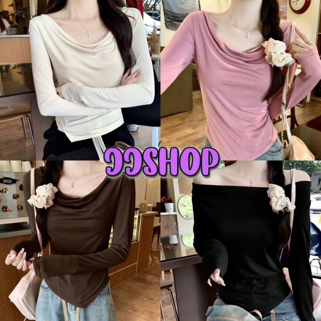 JJ Shop​ ​พร้อมส่ง เสื้อเปิดไหล่ไหมพรม แขนยาว สีพื้น น่ารักคิ้วๆดีเทลปลายเฉียง "MX059"
