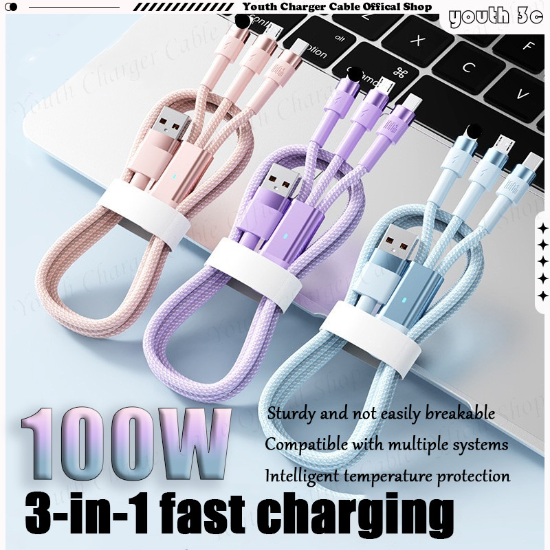 100w Fast Charging 3-in-1 data cable สายทอไนลอนความหนาแน่นสูงพร้อม ight USB C To Type C/ios/Micro phone การซิงโครไนซ์การส่งข้อมูลได้ สายรัด Velcro สําหรับการจัดเก็บง่าย