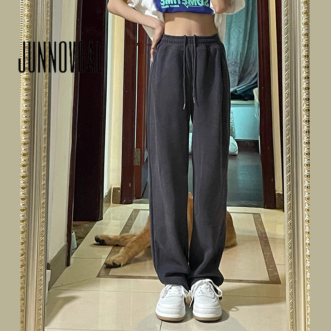 Junnovgal กางเกงผู้หญิงทุกการแข่งขัน Casual 2024 ทรงหลวมสีทึบสไตล์ใหม่เอวต่ํา