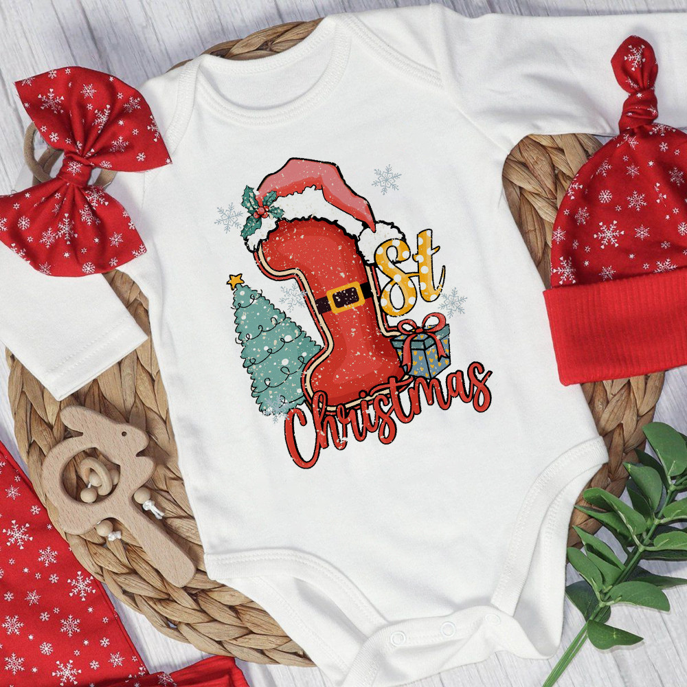 My 1st Christmas Baby Romper Christmas Tree Deer Santa พิมพ์ทารกบอดี้สูททารกแรกเกิดแขนยาว Jumpsuit Xmas เด็กวัยหัดเดินชุด