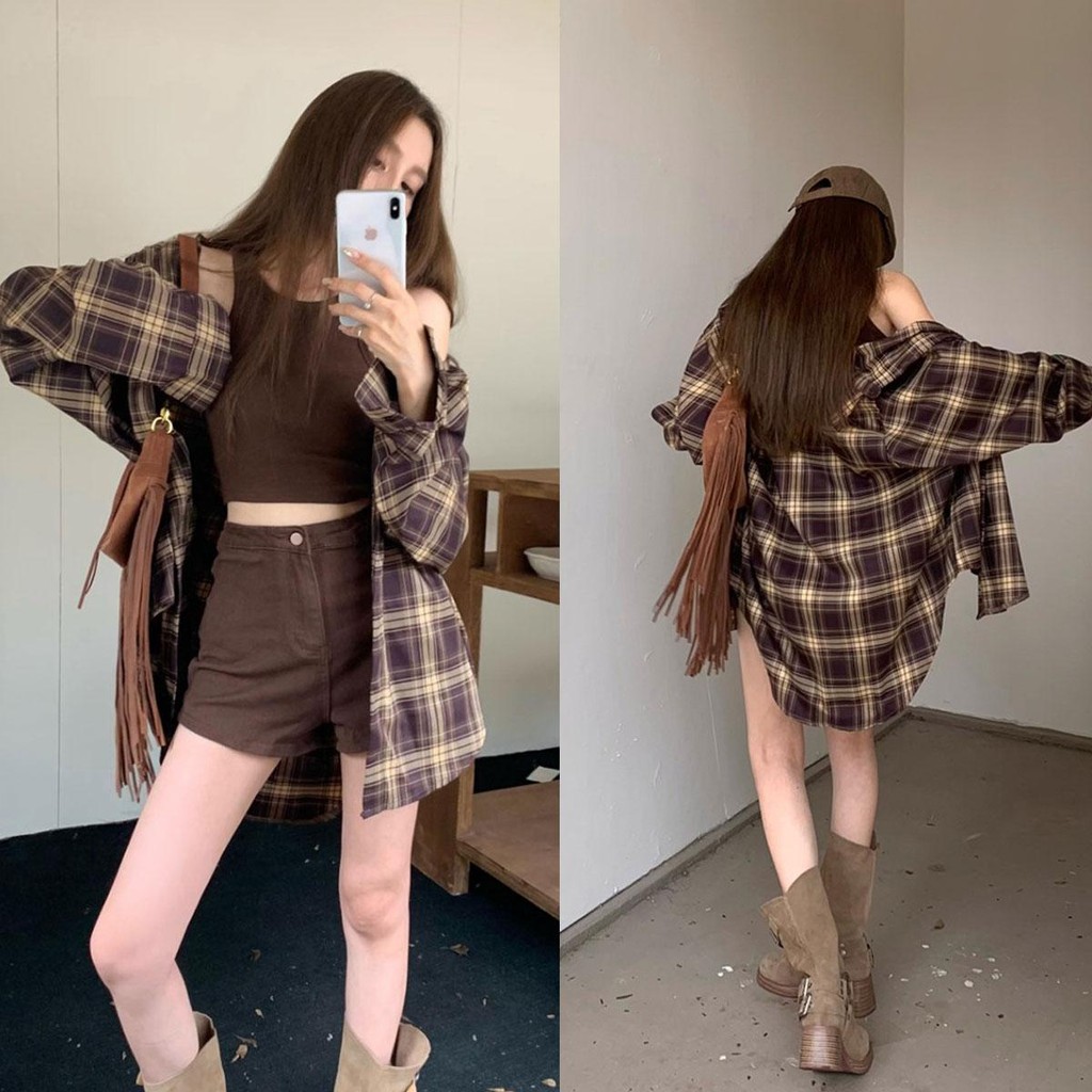 Cuties W457 เสื้อเชิ้ตแขนยาว ลายสก็อต สไตล์วินเทจ กระดุมหน้าOversized Shirt Top Outerwear